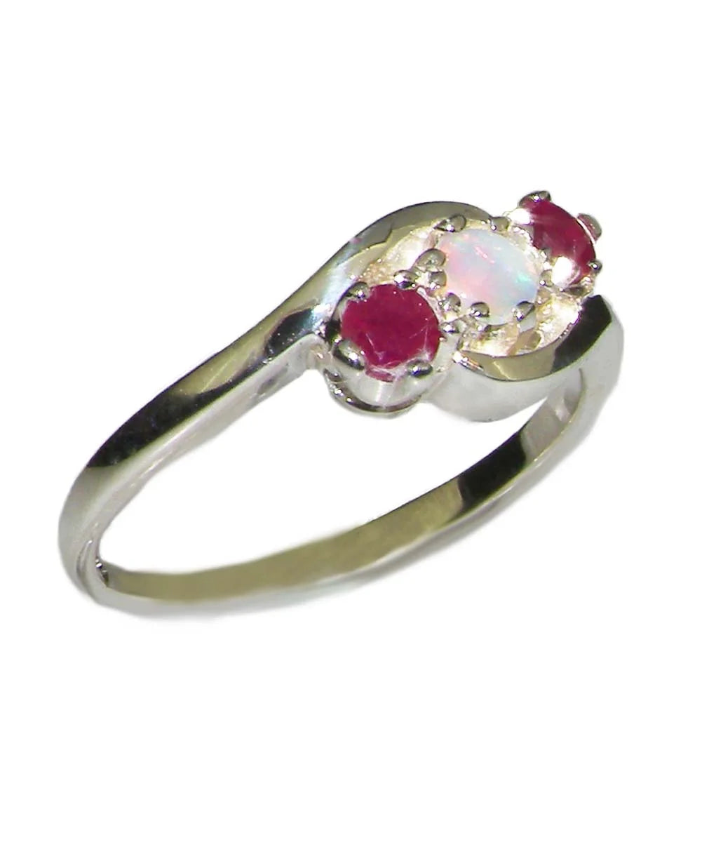18k White Gold Natural Opal & Ruby Trilogy Ring K1027