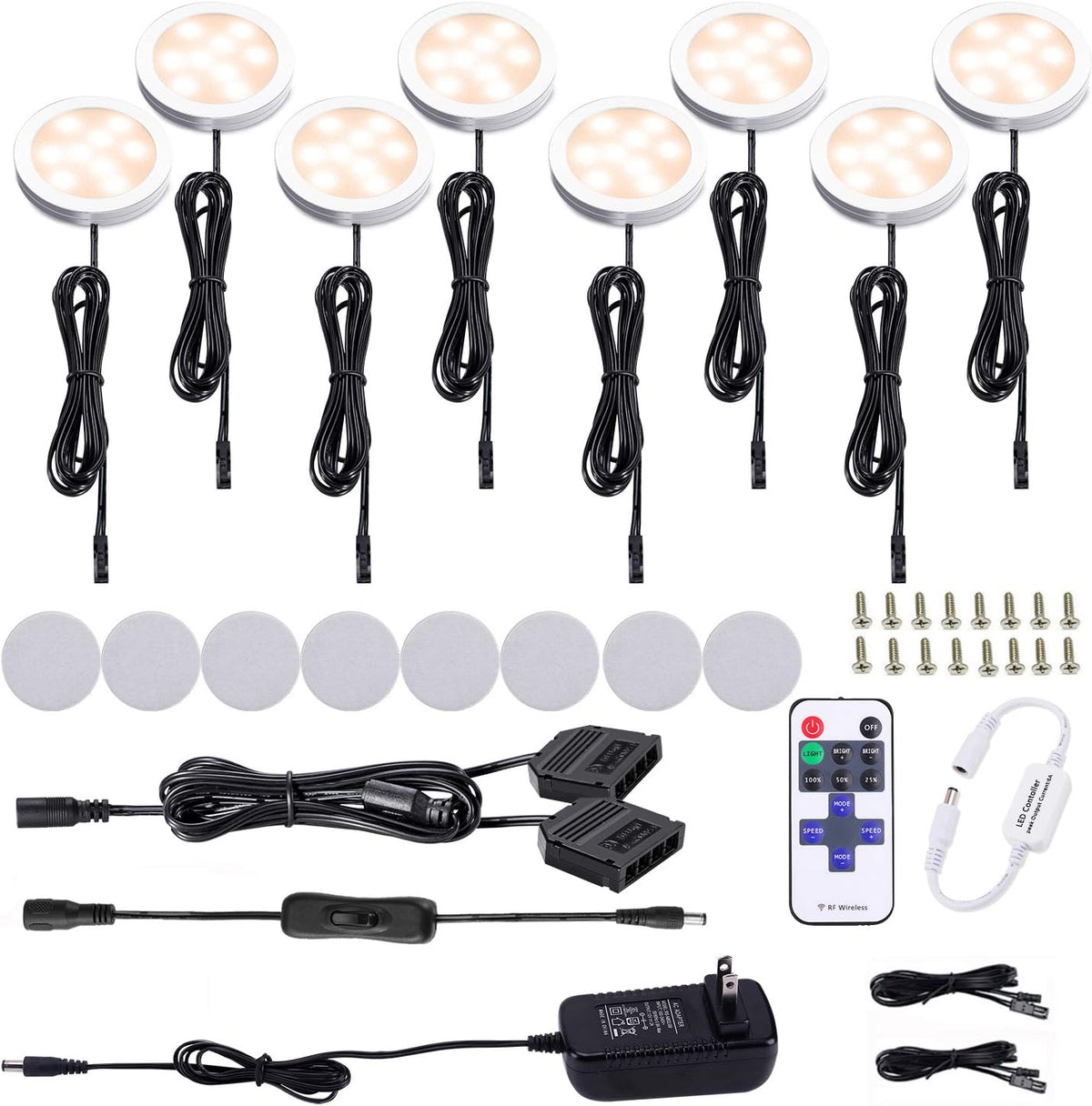Black Cord Aluminum Puck Lights 8 Pack Dimmable with RF Wireless Remote Control Z38900