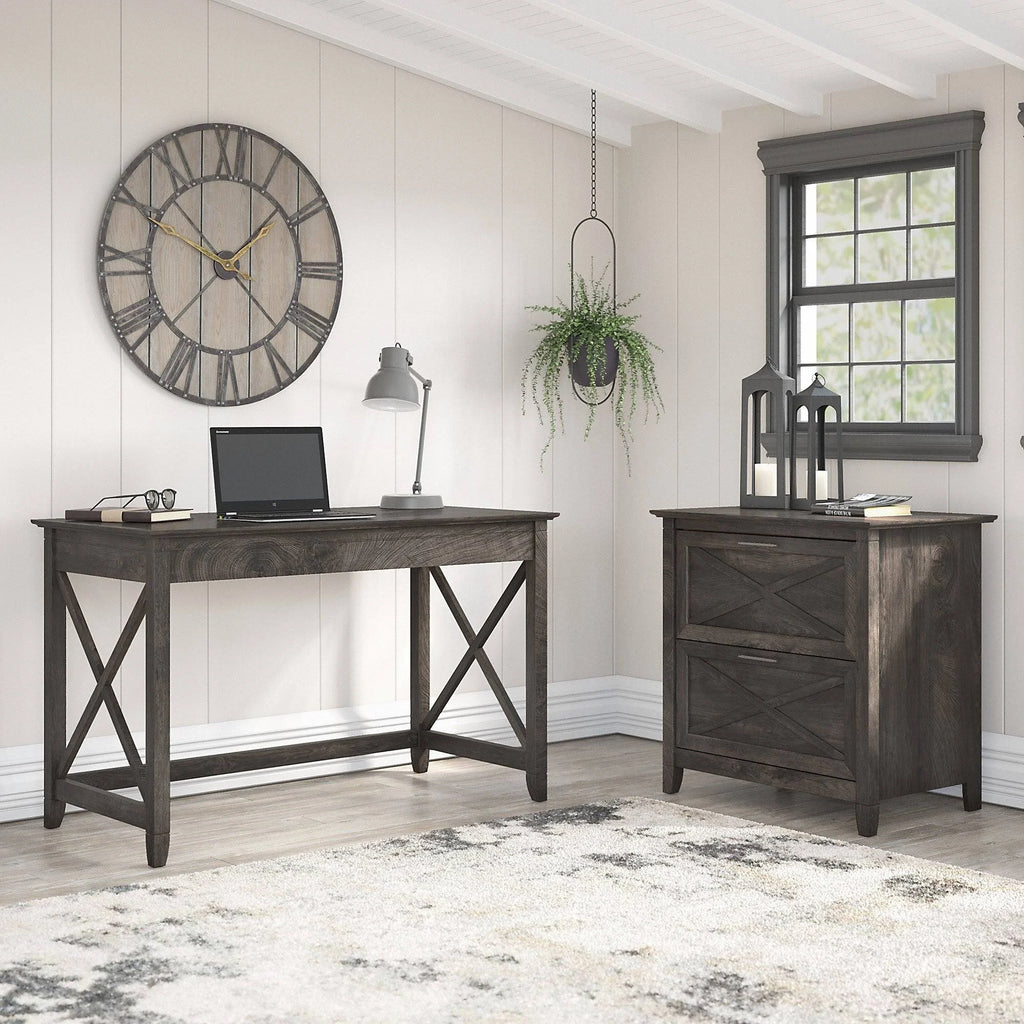 48x22 Engineered Wood Writing Desk with Lateral File Cabinet, Dark Gray Hickory U3114