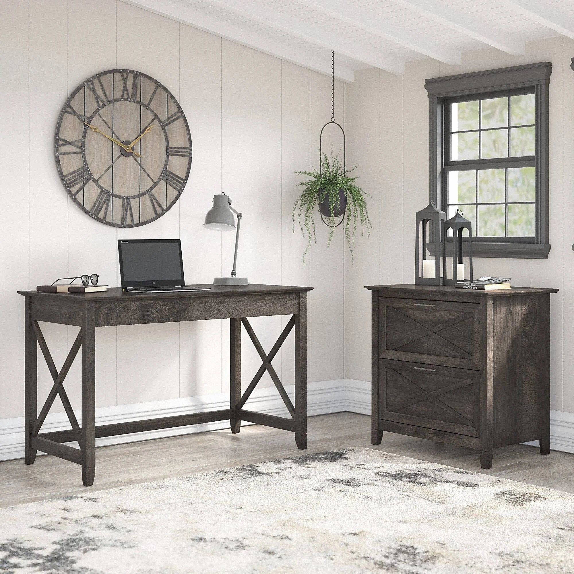 48x22 Engineered Wood Writing Desk with Lateral File Cabinet, Dark Gray Hickory U3114