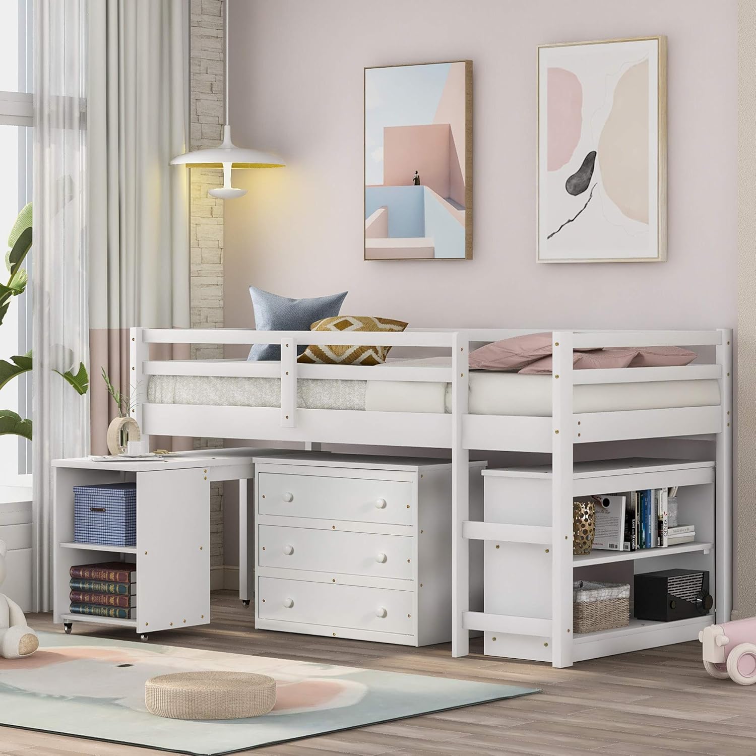 White Wood Twin Low Loft Bed Frame with Storage Drawers and Cabinet C254357