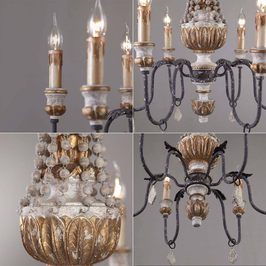 Retro Rustic 6-Light Wood Metal Crystal Candle Style Chandelier B12187