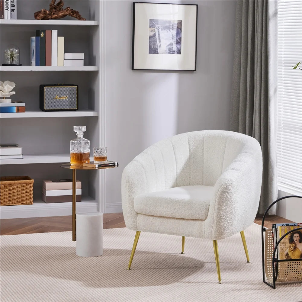 Ivory Tufted Boucle Barrel Accent Armchair with Gold Metal Legs M571