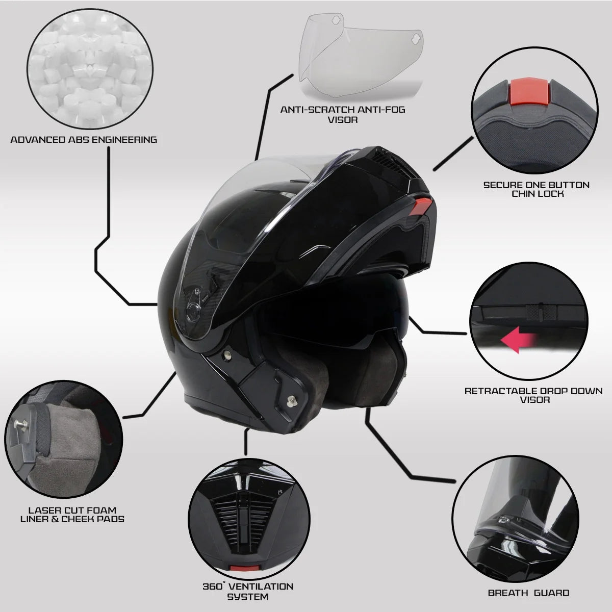 Gloss Black Modular Motorcycle Helmet with Drop Down Visor Q298708