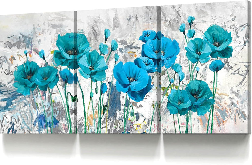 Teal Blue Gray Black Turquoise Abstract Canvas Painting 36''x16'' Y31898