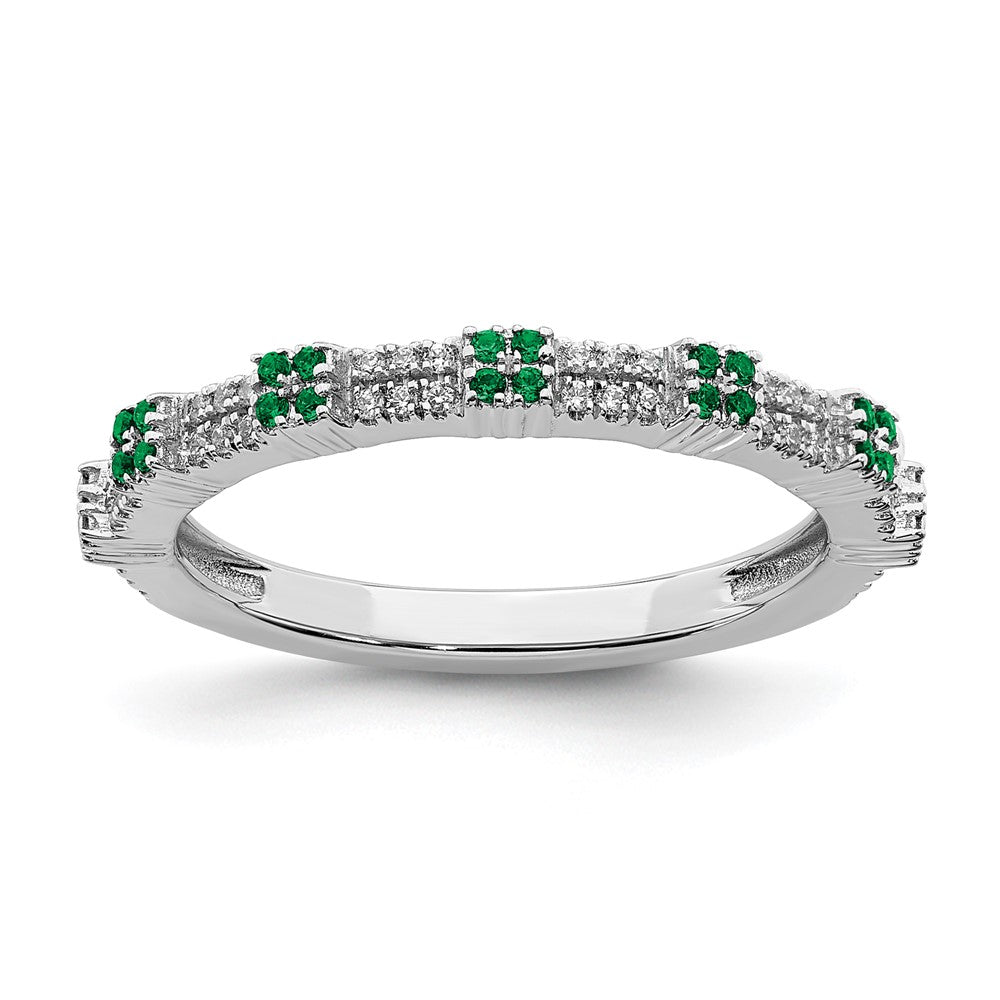 2.5mm Rhodium Sterling Silver Emerald Diamond Stack Band Sz 7 C1755