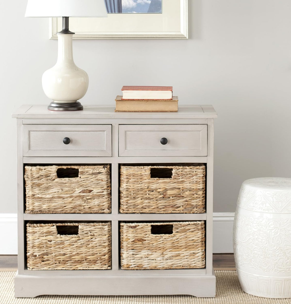 Whitewash Wicker Basket Storage Unit L27344