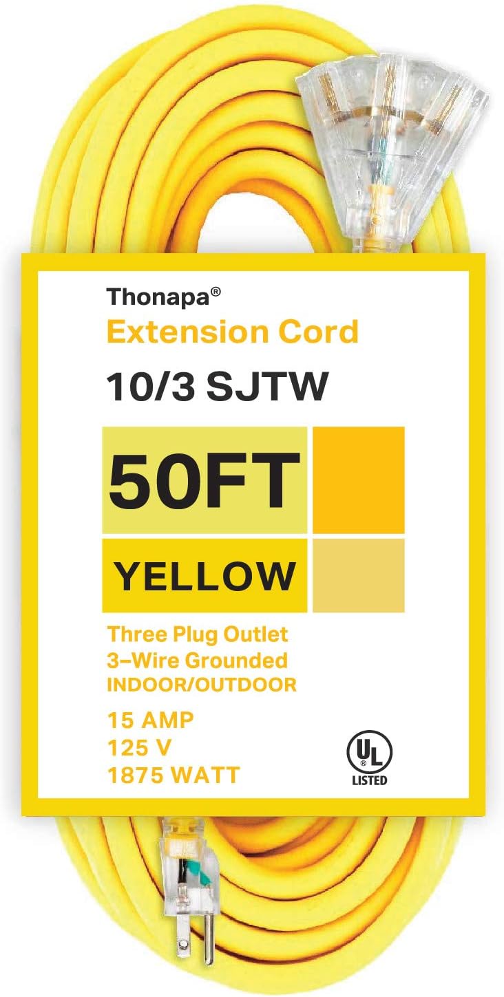 50 Foot Yellow 10/3 SJTW 10 Gauge Outdoor Extension Cord with 3 Outlets W6279