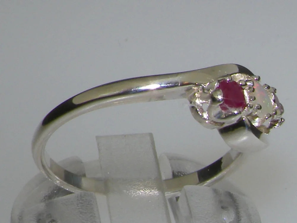 18k White Gold Natural Opal & Ruby Trilogy Ring K1027