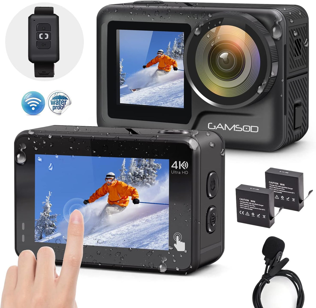 4K 60FPS Waterproof Action Camera with Stabilization, WiFi, Dual Screen, 2 Batteries J1361