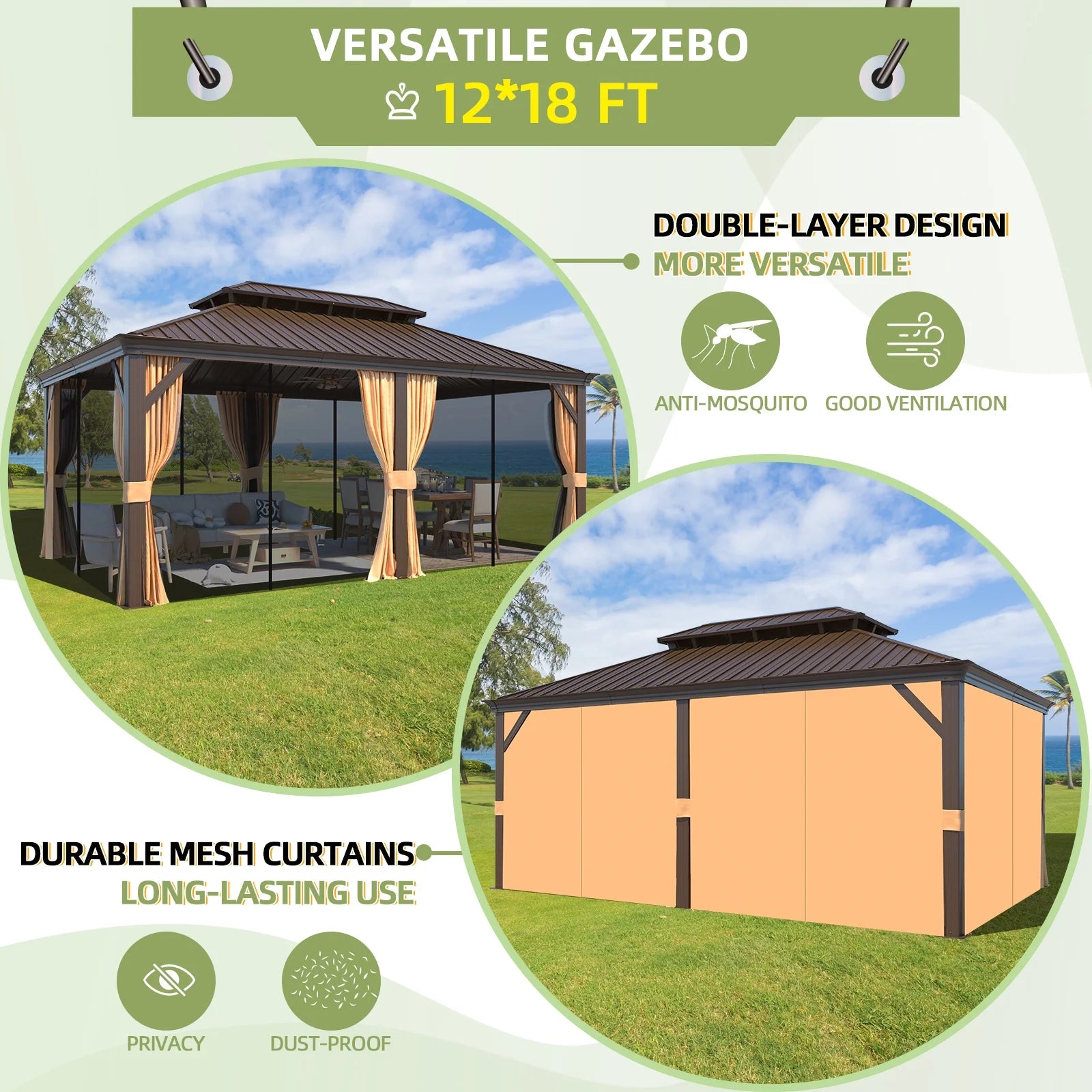 12' x 18' Hardtop Metal Double Roof Gazebo Y477