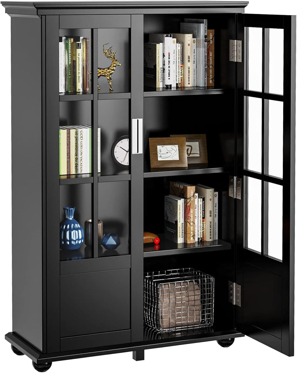 Storage Cabinet Bookcase with Adjustable Shelves and 2 Glass Doors B59994