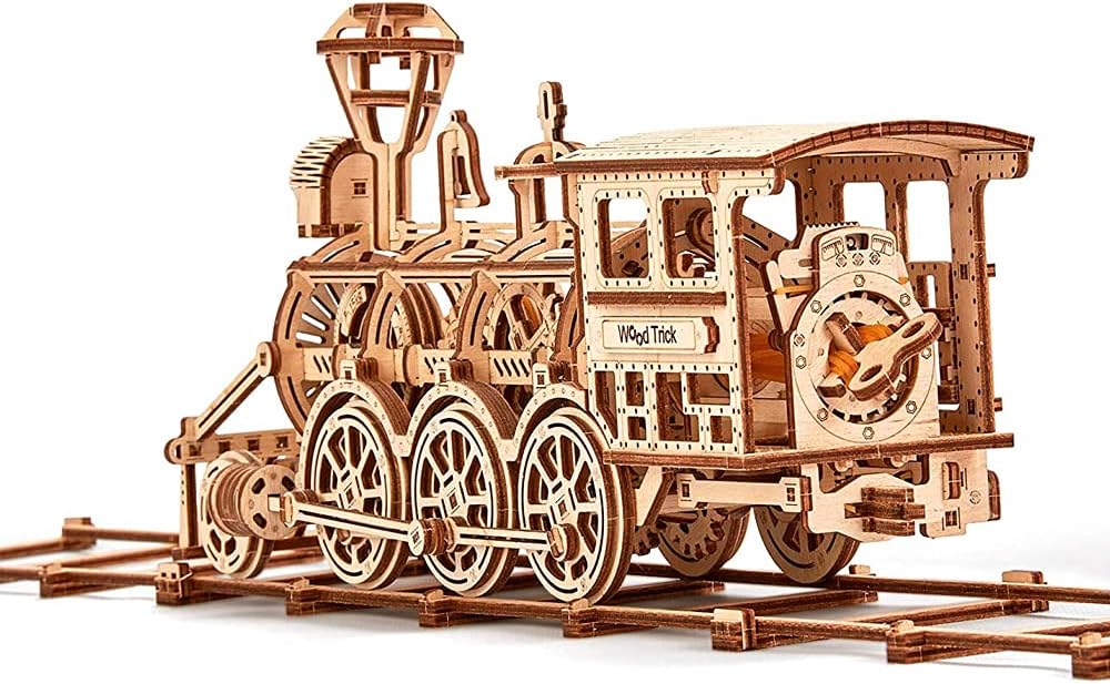 Wooden Toy Train Set with Railway - 34x7″ - Mechanical Model Kit - 3D Wooden Puzzle - DIY Toy Pack of 2 G4074