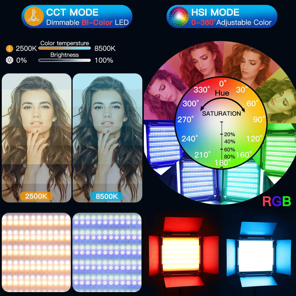 2-Pack RGB LED Video Light Kits with Remote Control 40W Bi-Color Variable CRI 96+ with Stands & Bag R4619
